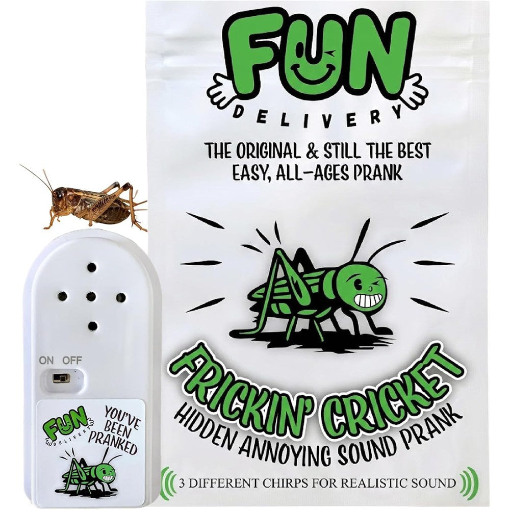 FUN Delivery Frickin' Cricket hidden noise maker front view showing compact electronic prank toy design.