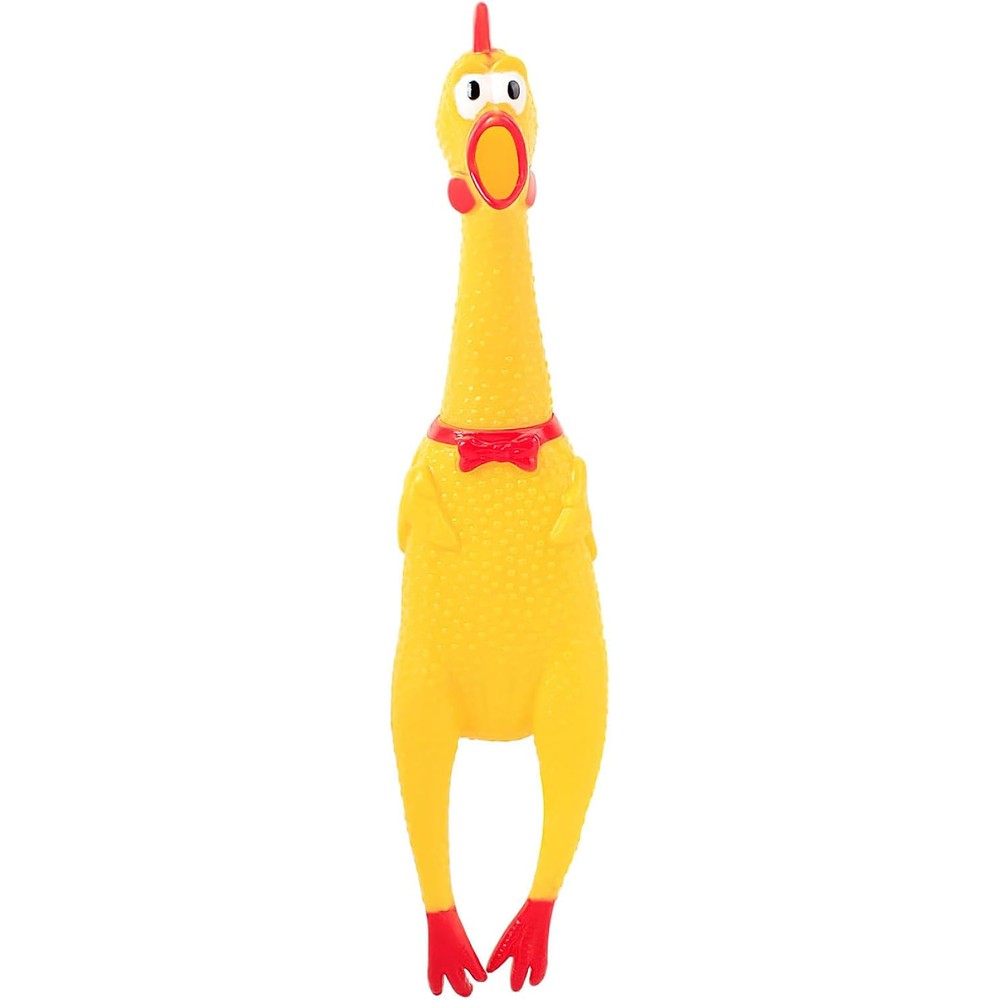 POPLAY Screaming Chicken front view showing the yellow rubber body and iconic red bow tie design.
