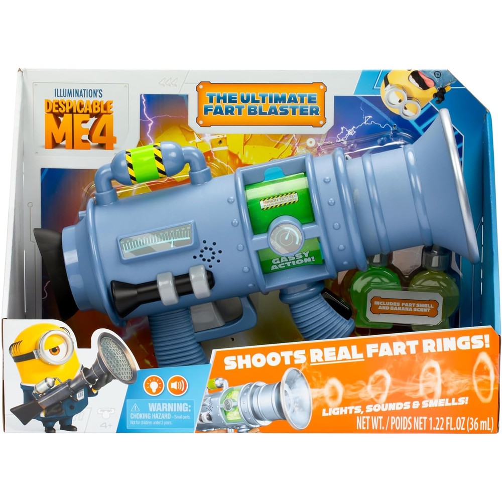Minions Despicable Me 4 Ultimate Fart Blaster Toy front view showing light blue design with yellow accents