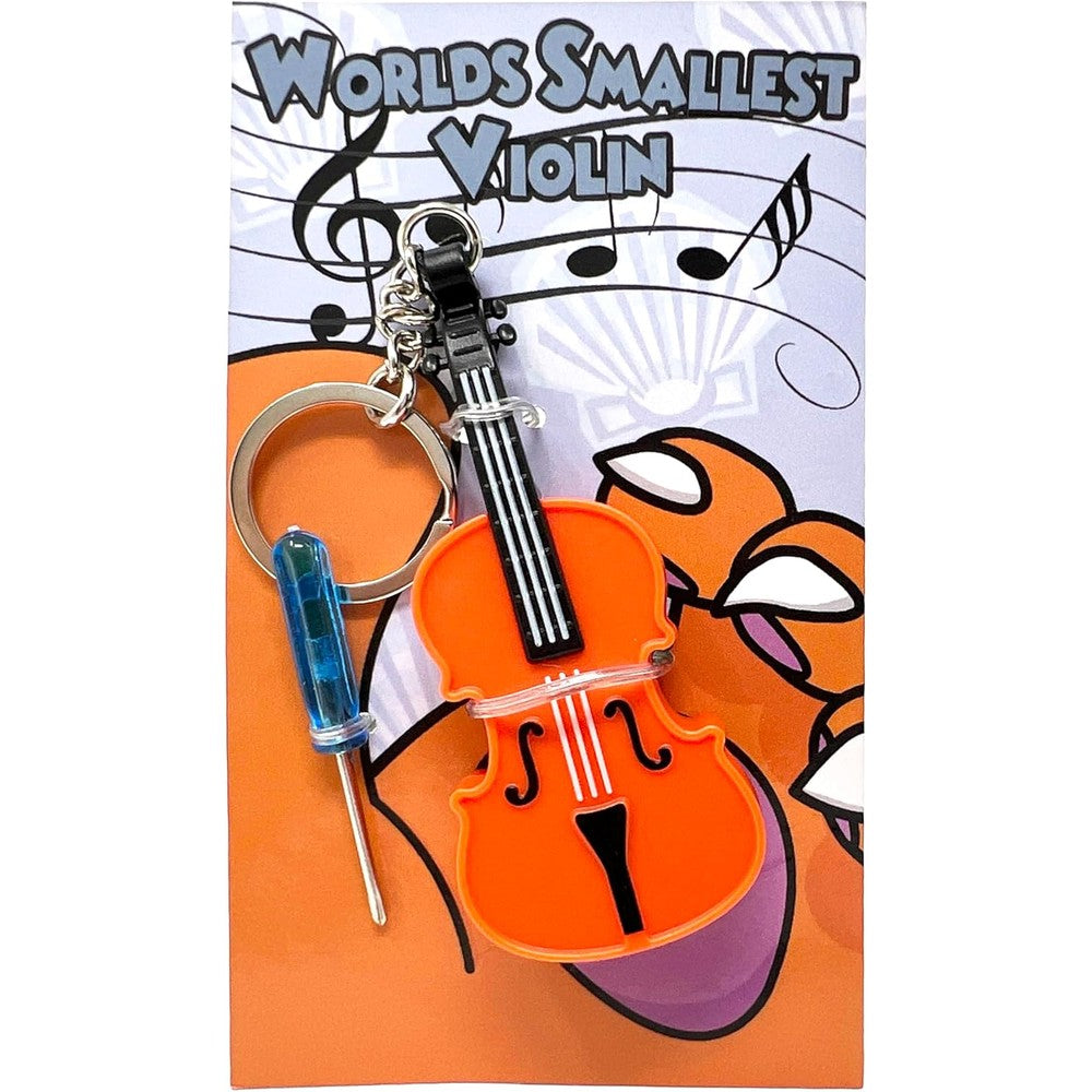 MunnyGrubbers original worlds smallest violin toy keychain front view showcasing detailed raised ridges representing strings and sound holes.