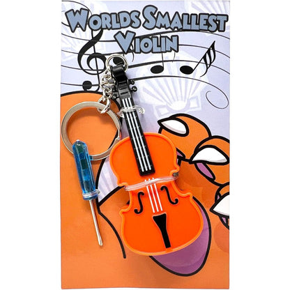 MunnyGrubbers original worlds smallest violin toy keychain front view showcasing detailed raised ridges representing strings and sound holes.