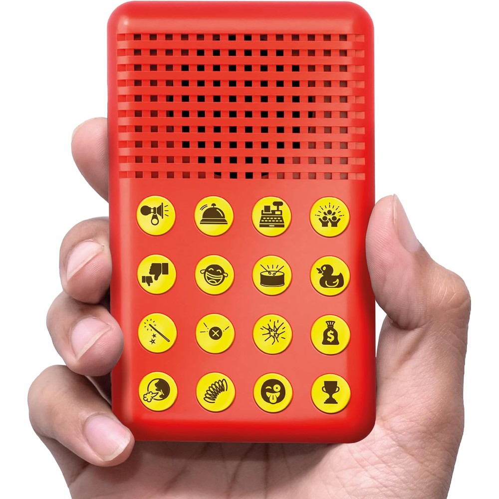 Knucklhead sound effects machine front view showing sixteen comedy buttons.