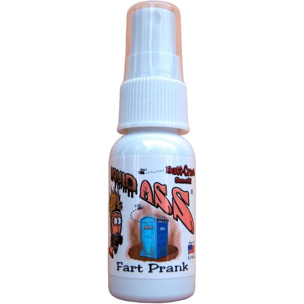 Liquid Ass prank fart spray front view bottle with comical porta-potty graphic
