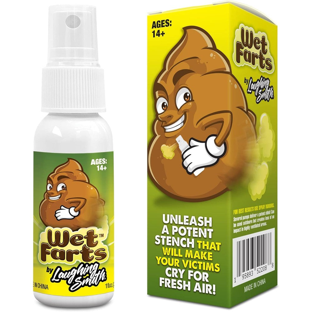 Laughing Smith Wet Farts Potent Stink Spray front view of the premium gag gift packaging.