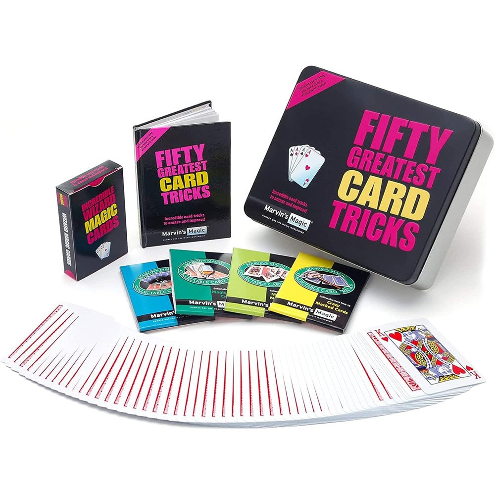 Marvin's Magic Fifty Greatest Card Tricks Set front view of collectible black gift tin with playing cards