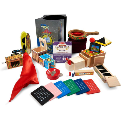 Melissa And Doug deluxe solid wood magic set front view showing the wooden performance box and classic magician props