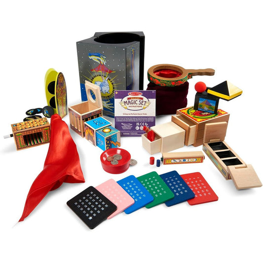 Melissa And Doug deluxe solid wood magic set front view showing the wooden performance box and classic magician props