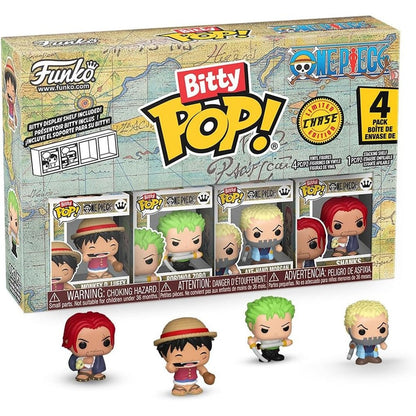Funko Bitty Pop One Piece Luffy 4 Pack front view showing miniature vinyl figures inside packaging.