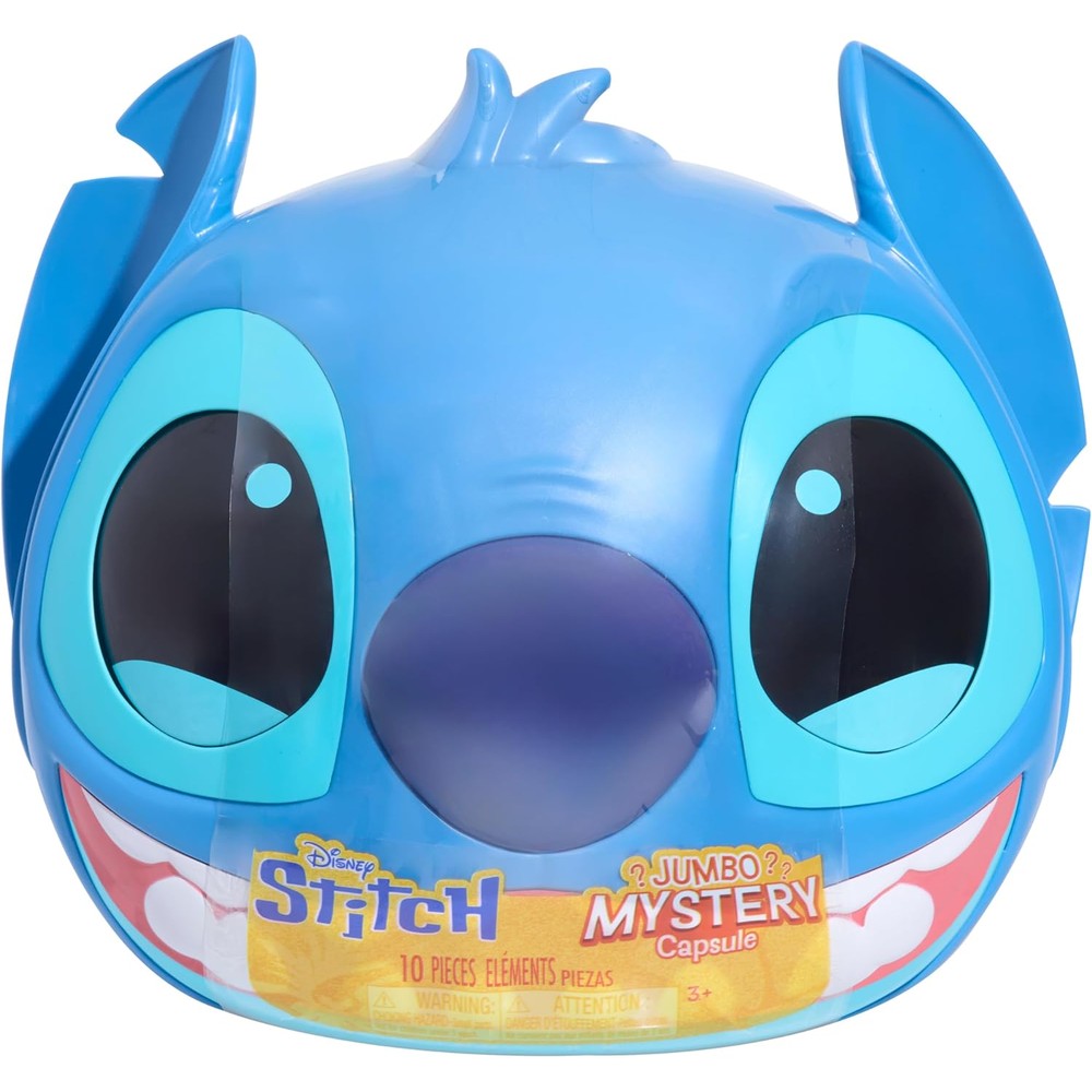 Disney Stitch Jumbo Mystery Capsule front view showing the large nine inch blue alien head packaging container.