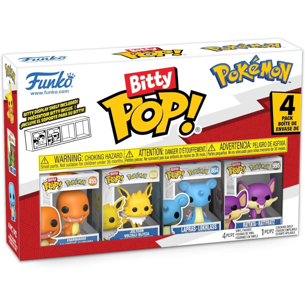 Funko Bitty Pop Pokemon Charmander 4-pack front view showcasing mini vinyl figures in acrylic cases.