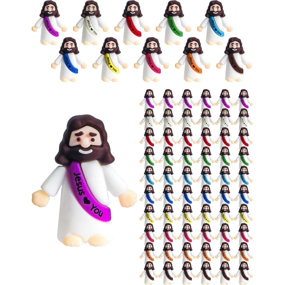 Vbiuox Little Jesus Figures 100-pack bulk display featuring multiple colorful miniature figurines on a plain background.