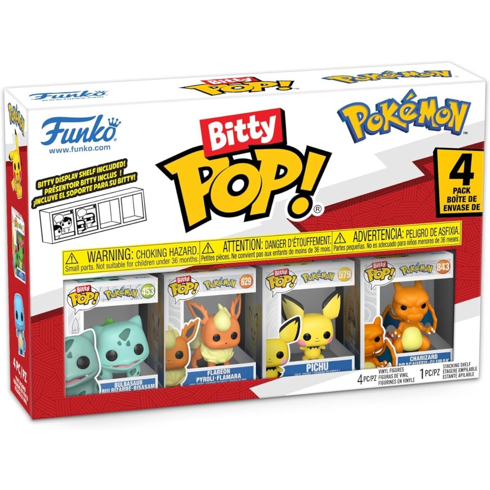 Funko Bitty Pop Pokemon 4-Pack set featuring Bulbasaur, Flareon, Pichu, and Charizard front view