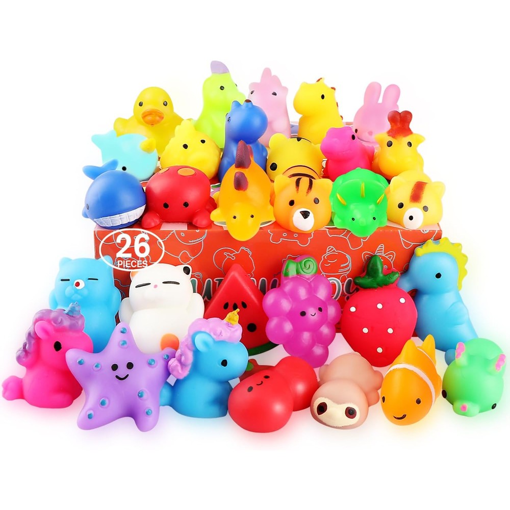 Nobasco mochi squishy toys twenty six pack front view showcasing a colorful assortment of miniature animal designs.
