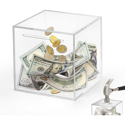 Imeepa clear acrylic unopenable piggy bank front view showing transparent cash savings box