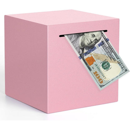Kypeeka stainless steel piggy bank front view showing matte pink finish and coin slot.