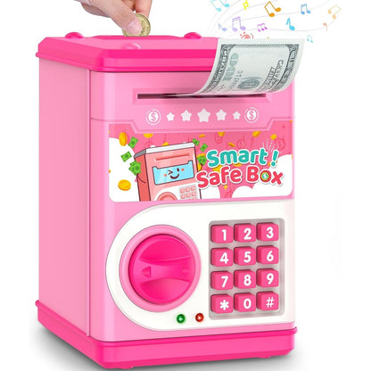 LJZJ kids electronic piggy bank pink color front view showing numeric keypad and bill slot
