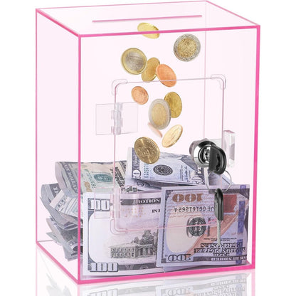 Kozsort clear acrylic piggy bank front view showing transparent pink cubic design with cash inside