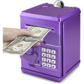 Cargooy Mini ATM Piggy Bank front view of purple electronic cash safe for kids