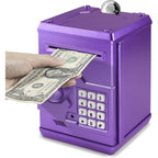 Cargooy Mini ATM Piggy Bank front view of purple electronic cash safe for kids
