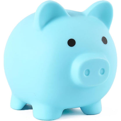 PandaEar Piggy Bank front view showcasing the cute blue shatterproof design for children.