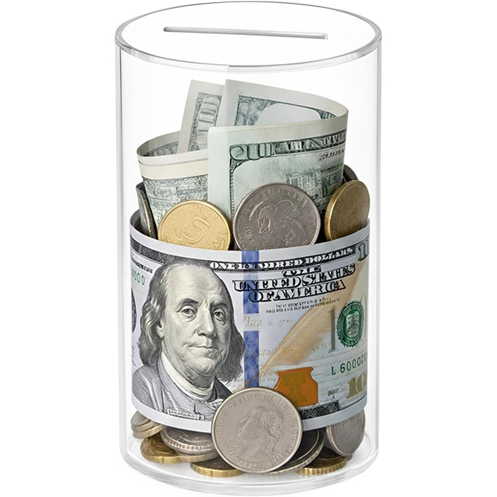 Thingrific clear acrylic unopenable piggy bank front view showing transparent cash saving jar