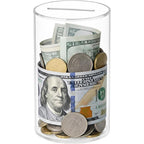 Thingrific clear acrylic unopenable piggy bank front view showing transparent cash saving jar