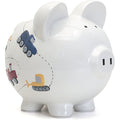 Child to Cherish Ceramic Piggy Bank Construction Trucks front view authentic imported nursery decor
