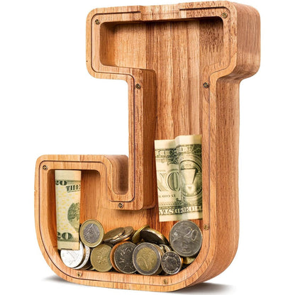ELX wooden letter piggy bank front view showing transparent acrylic window filled with coins.