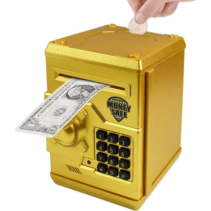 Totola electronic mini atm piggy bank front view in metallic gold finish showing automatic paper bill slot