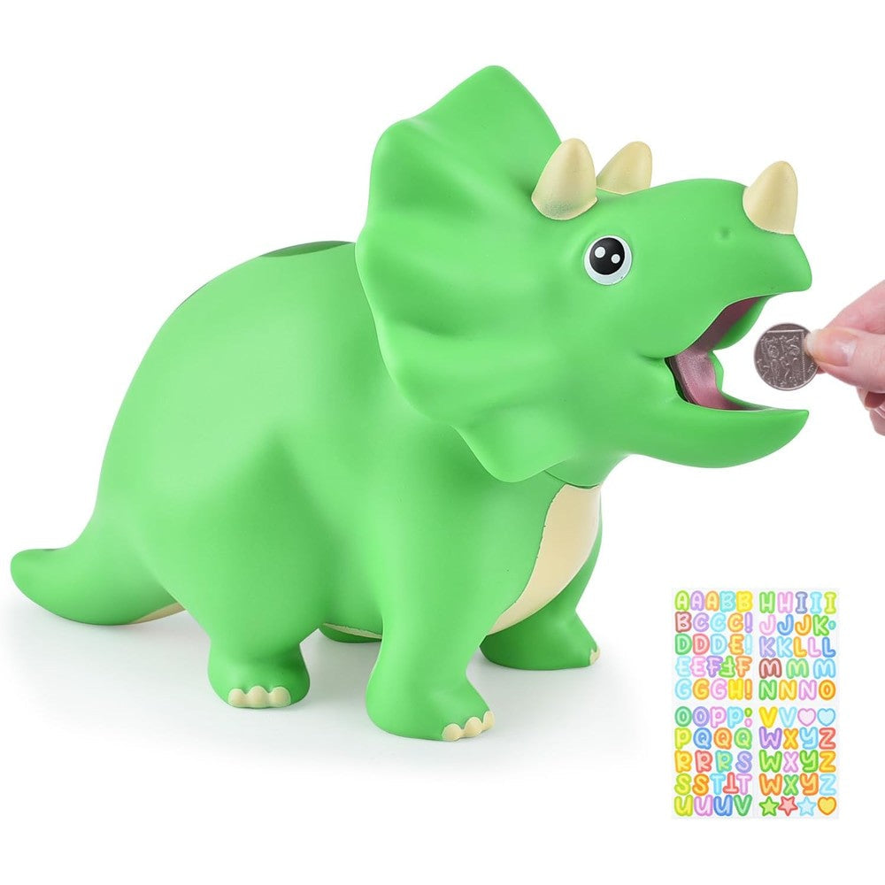 PJDRLLC dinosaur piggy bank front view showing the green triceratops design for kids savings.