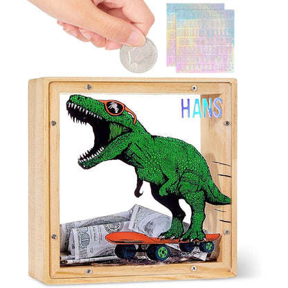 ICOSY wooden piggy bank front view showing green dinosaur design with clear acrylic panel
