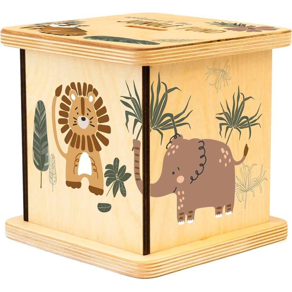 BloomOwl wooden piggy bank earthy jungle front view featuring printed lion and elephant illustrations