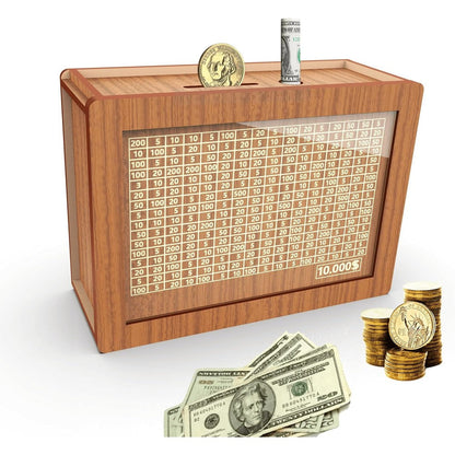 Cyanlux wooden money saving challenge box front view showing the number tracking grid