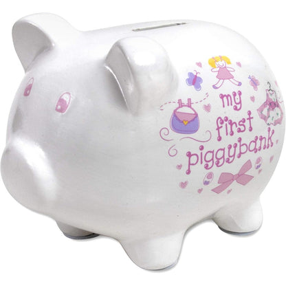 Baby Essentials My First Piggy Bank front view showing hand-painted pink butterflies and doll details on white ceramic.