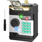 NAFEIV automatic electronic piggy bank front view showing black digital keypad and cash slot.