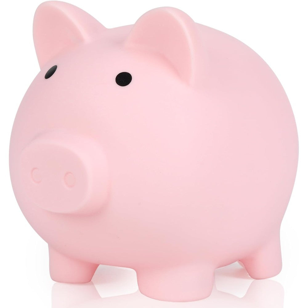H&W mini piggy bank front view showing the cute pink plastic design for kids financial saving.