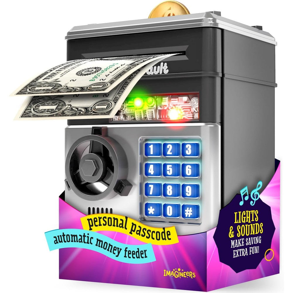 Imagineers KiddieVault electronic money saving box front view showing the passcode keypad and automated bill slot.