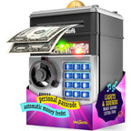 Imagineers KiddieVault electronic money saving box front view showing the passcode keypad and automated bill slot.
