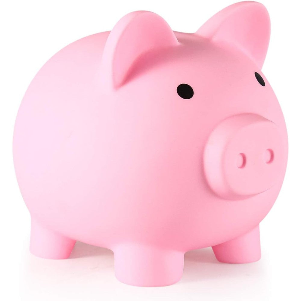 PJDRLLC Unbreakable Plastic Piggy Bank front view showcasing the cute pink design for kids saving habits.