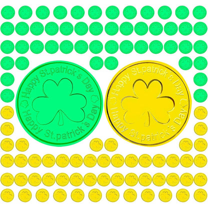 YOOBABOO St Patricks Day decorations coin pack front view showing gold and green shamrock tokens