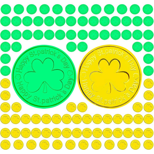 YOOBABOO St Patricks Day decorations coin pack front view showing gold and green shamrock tokens