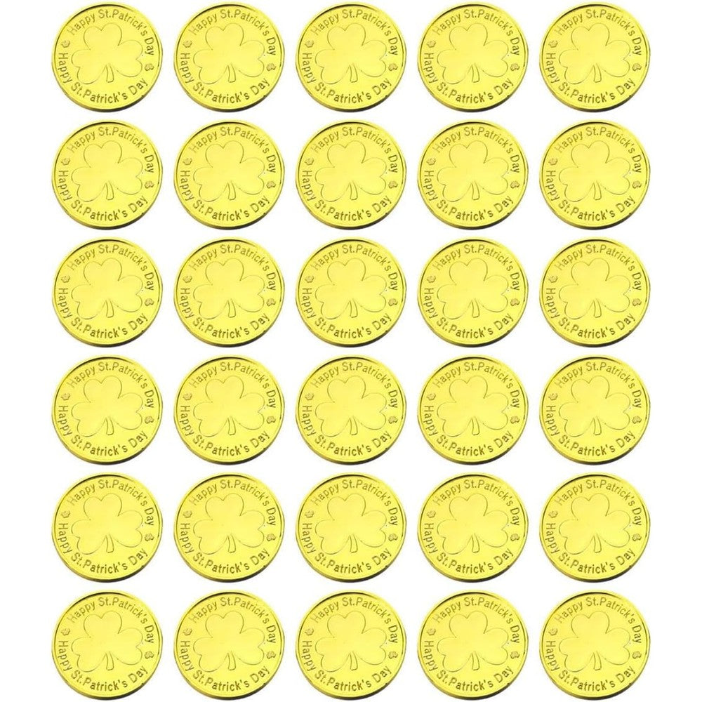 Oisinlas St Patricks plastic gold coins front view showing shiny metallic finish for school game props.