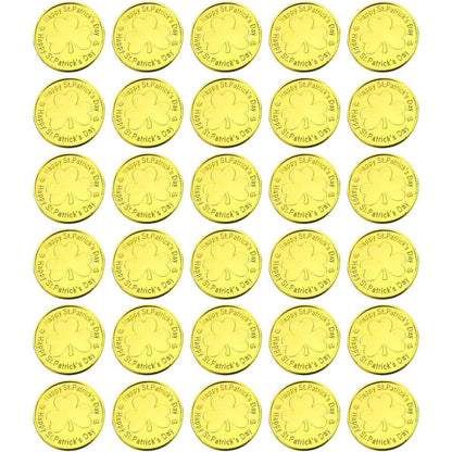 Oisinlas St Patricks plastic gold coins front view showing shiny metallic finish for school game props.