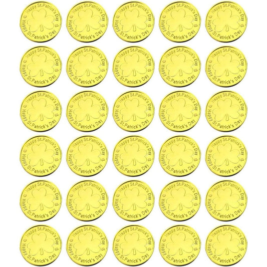 Oisinlas St Patricks plastic gold coins front view showing shiny metallic finish for school game props.