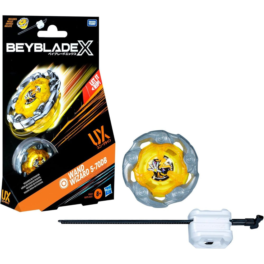 Beyblade X Wand Wizard 5-70DB UX Starter Pack front view with launcher