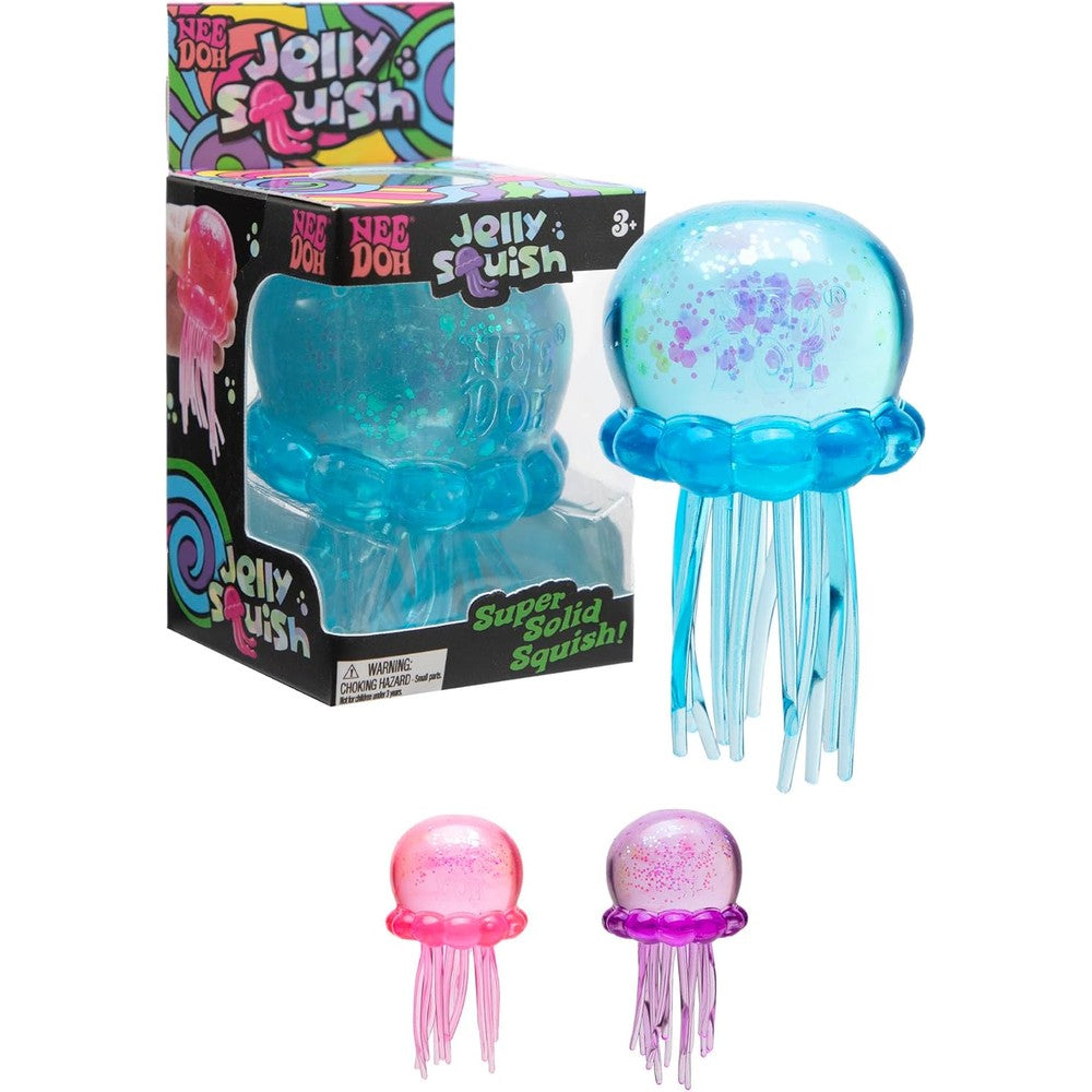 Schylling Needoh Jelly Squish sensory toy front view in blue color filled with glitter