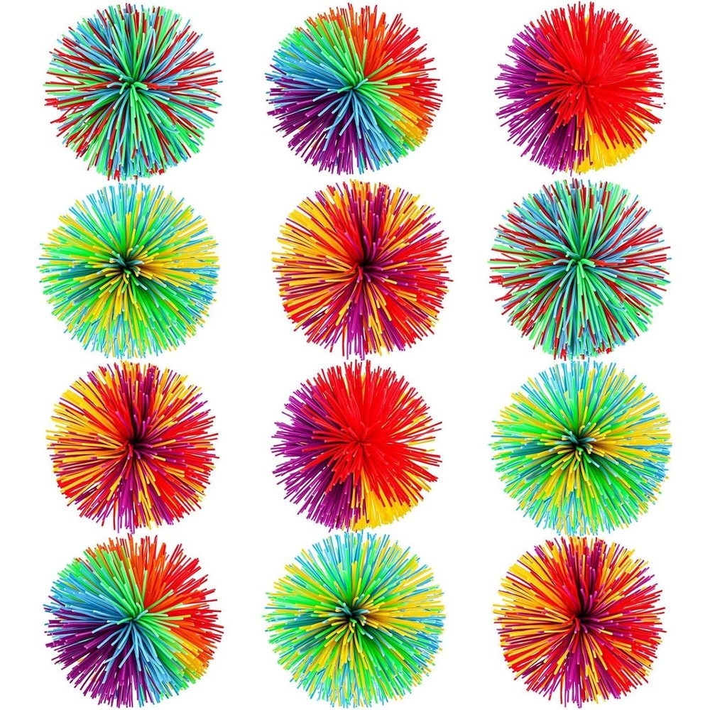 Leinuosen 12 Pieces Monkey Stringy Balls front view showing vibrant multicolor rainbow sensory fidget toys.