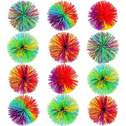 Leinuosen 12 Pieces Monkey Stringy Balls front view showing vibrant multicolor rainbow sensory fidget toys.