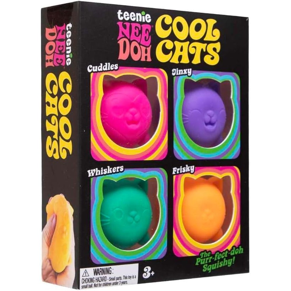 Schylling NeeDoh Cool Kitten Teenie 4 Pack front view showing assorted cat sensory toys.
