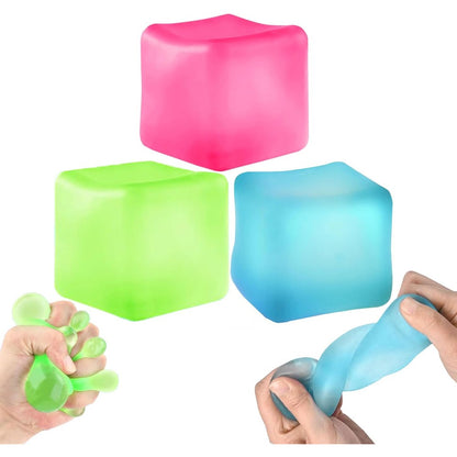 Cherosin stress cube squishy toys pack front view showing blue green and pink ice cube fidgets.